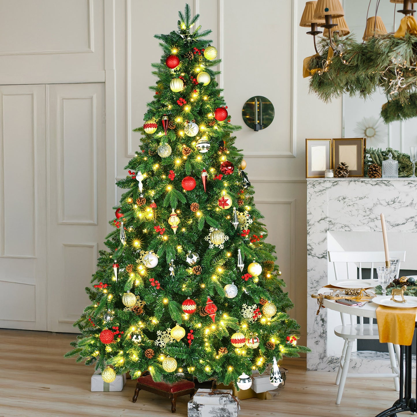 Arlopu 8/9ft Pre-lit Artificial Christmas Tree with Warm White Light, Hinged Xmas Tree with Pine Cones & Red Berries