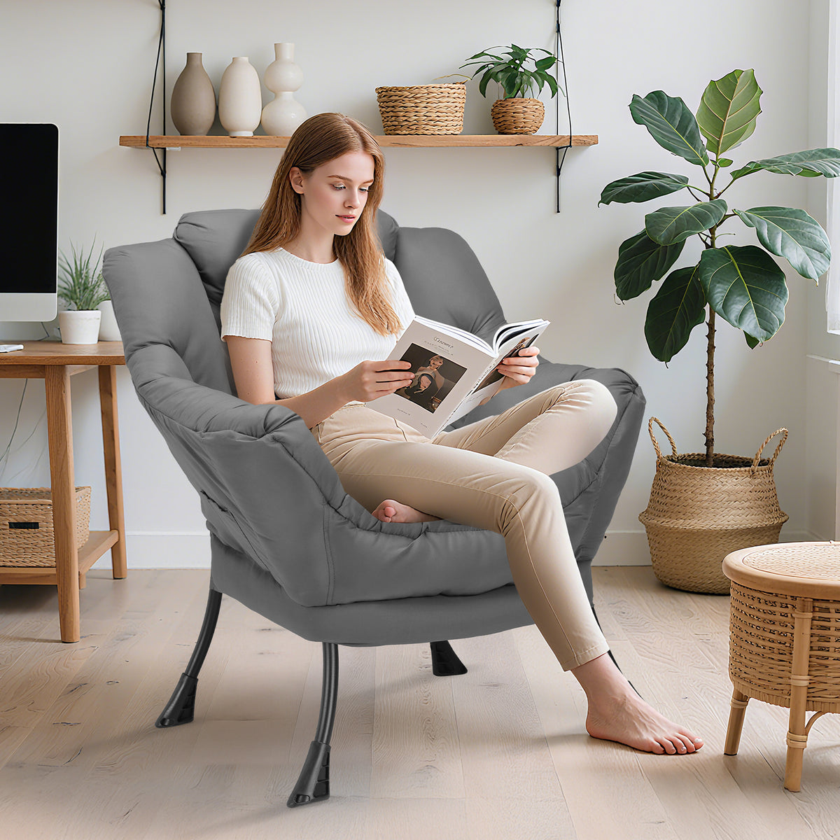 Arlopu Lazy Chair, Modern Lounge Reading Chair with Side Pocket, Upholstered Armchair for Living Room, Bedroom and Dorm