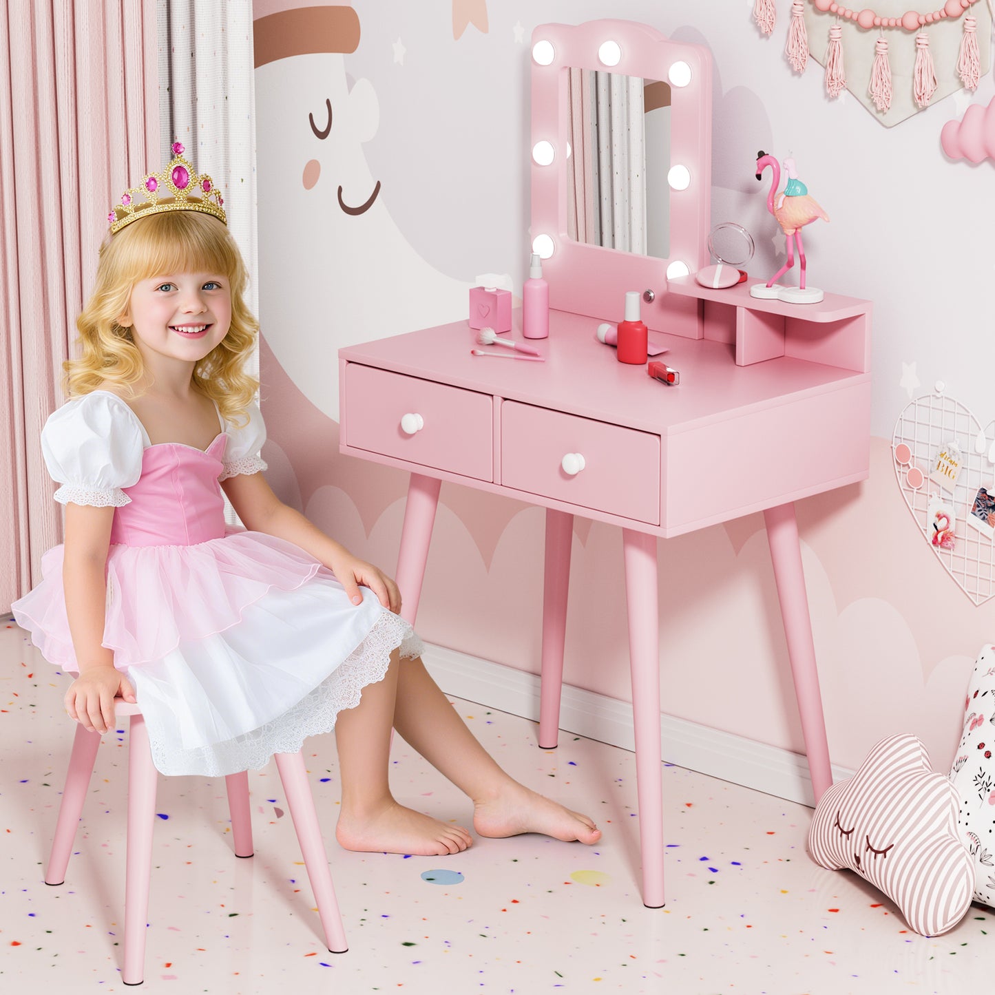 Arlopu Kids Vanity Table and Chair Set, Wooden Makeup Playset with Mirror & Lights, Ideal Princess Gift for Girls