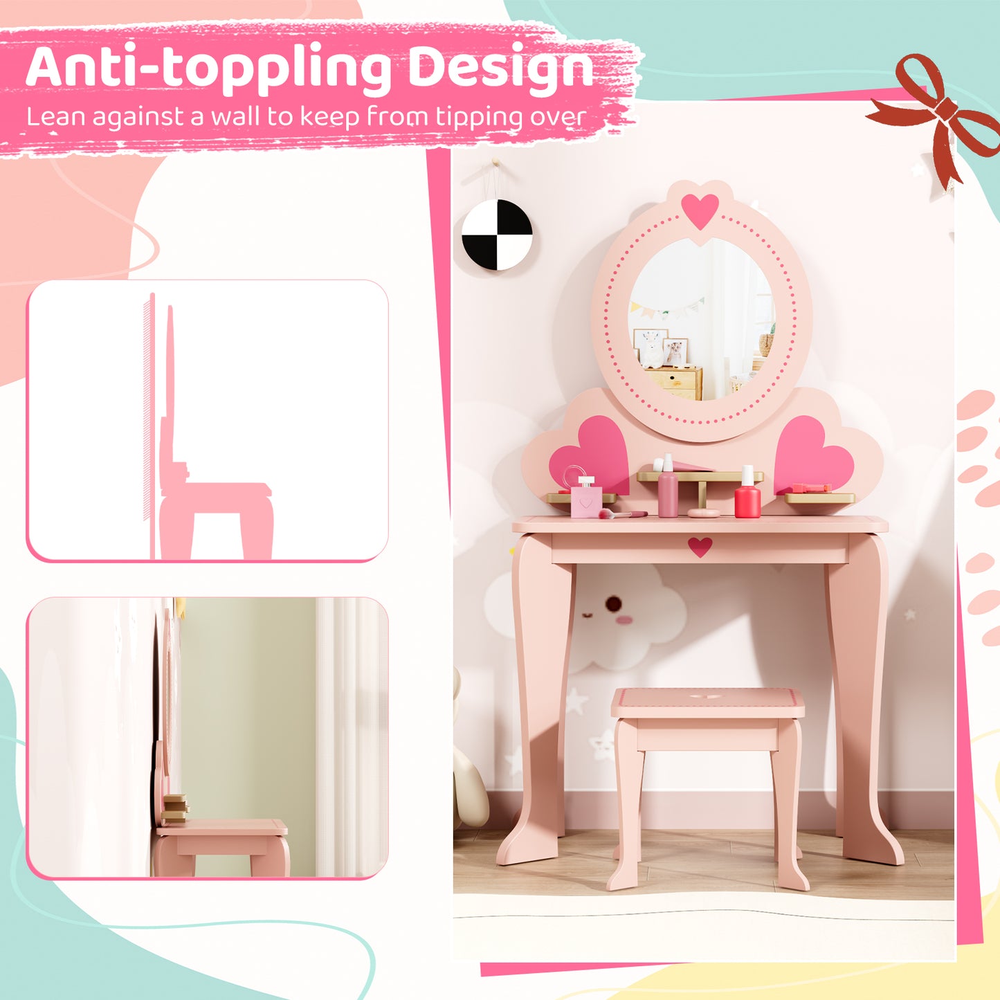 Arlopu 2-in-1 Kids Vanity Table and Chair Set with Mirror, Toddler Vanity Table Set with 8pcs Pretend Play Accessories, Convertible Makeup Desk Toy for Little Girls 3+