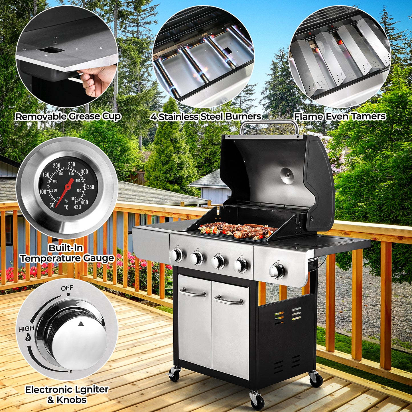 Arlopu 4-Burner Outdoor Propane Gas Grill, 40000 BTU Output Stainless Steel BBQ Grill with 12000 BTU Side Burner