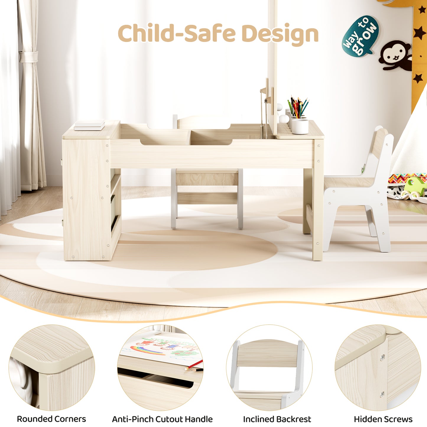 Arlopu 3 in 1 Activity Craft Table Set Kids Wooden Drawing Table Set with Art Easel Adjustable Tilt, 6 Storage Bins, 6 Paint Cup