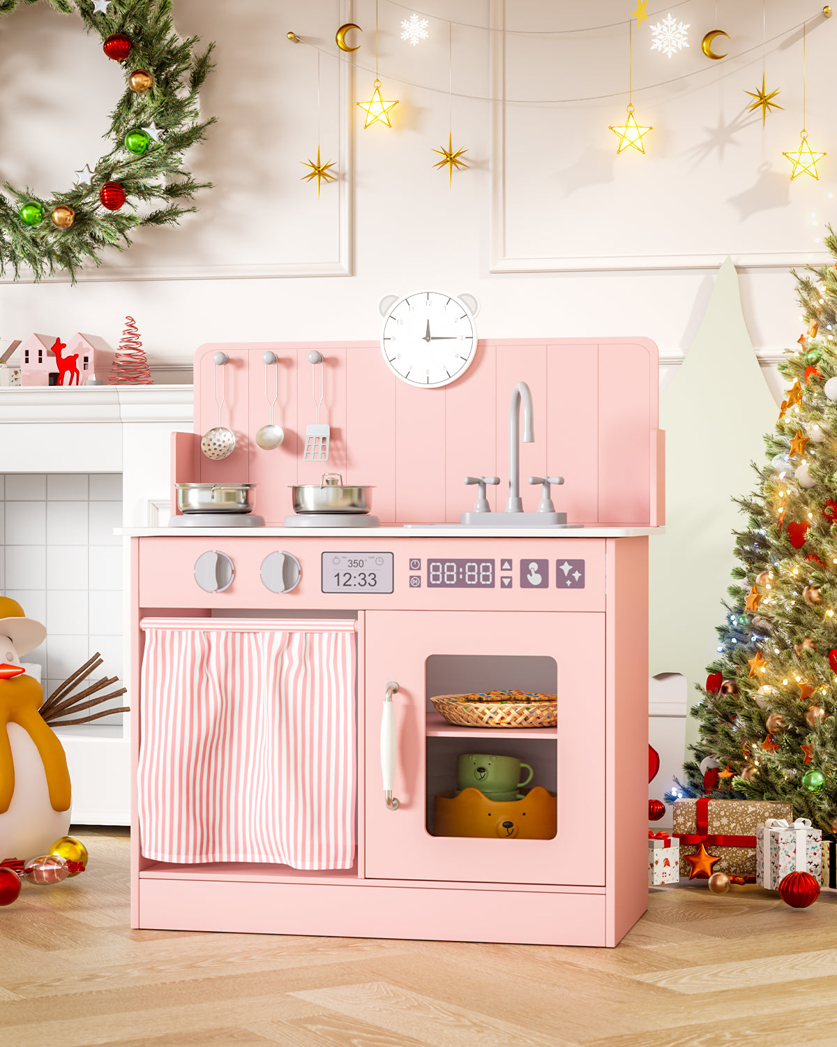 Arlopu Kids Pretend Play Kitchen Set, Wooden Kitchen Playset with Cookwares for Boys & Girls
