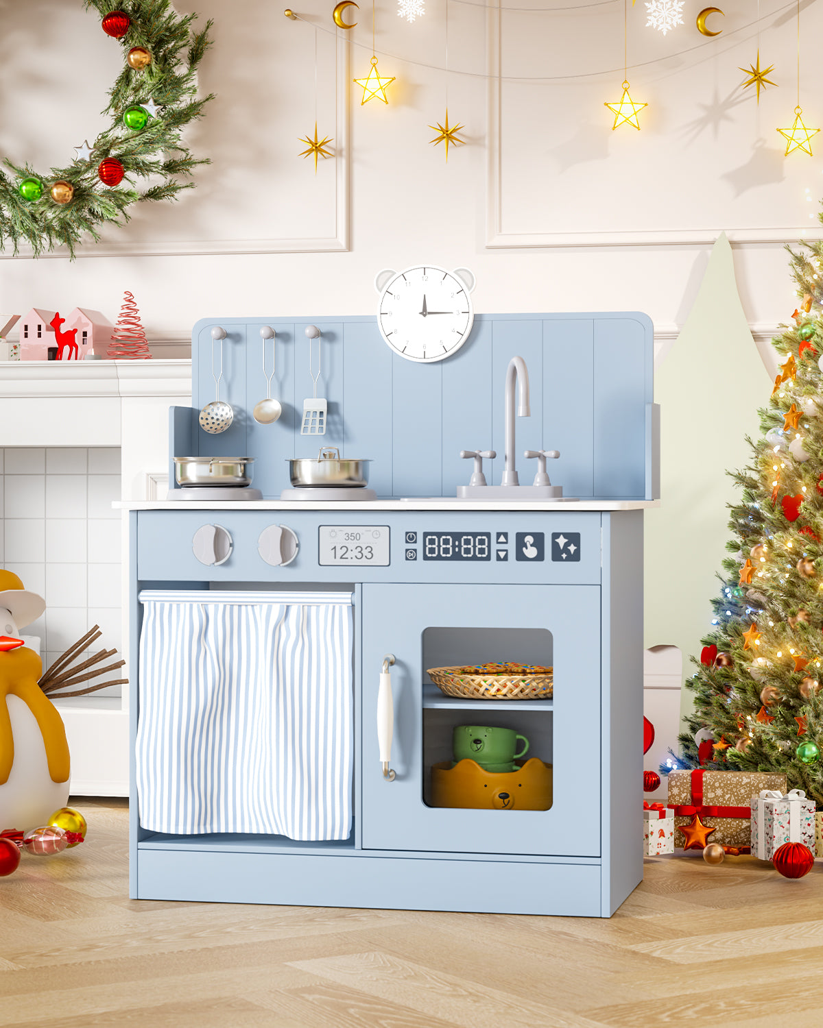 Arlopu Kids Pretend Play Kitchen Set, Wooden Kitchen Playset with Cookwares for Boys & Girls