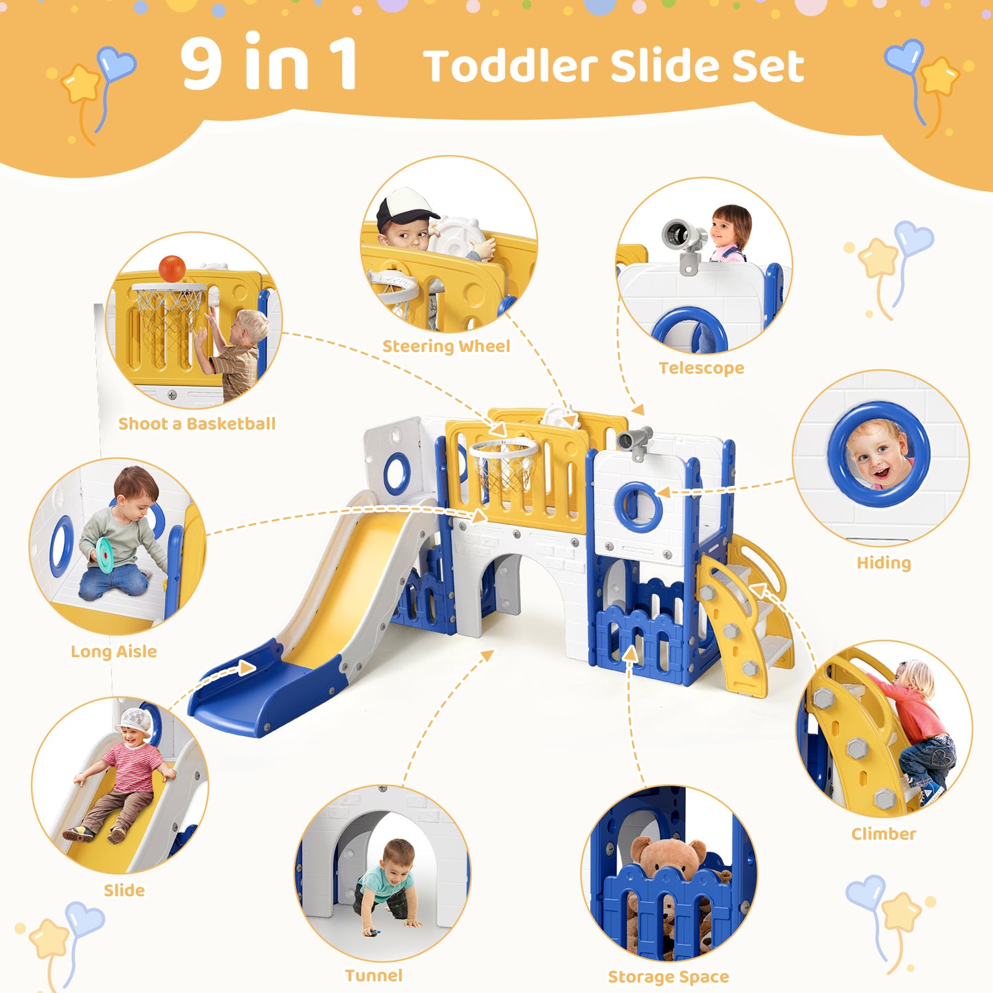 Arlopu 9-in-1 Kids Slide Set, Toddler Climber Slide Playset with Slide, Climber Pedals, Telescope, Basketball Hoop and Balls, Indoor Outdoor Freestanding Slides