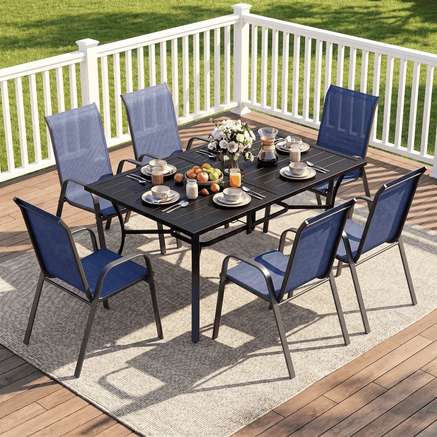 Arlopu Patio Dining Set 7 Pieces Outdoor Table and 6 Chairs w/ 1.69″Umbrella Hole for Backyard