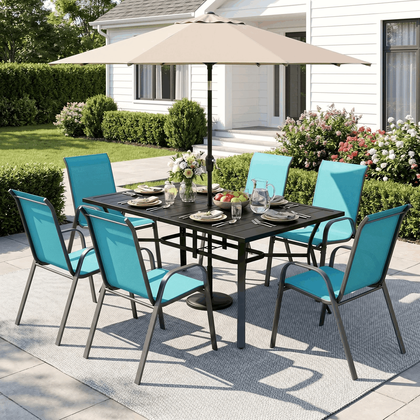 Arlopu Patio Dining Set 7 Pieces Outdoor Table and 6 Chairs w/ 1.69″Umbrella Hole for Backyard