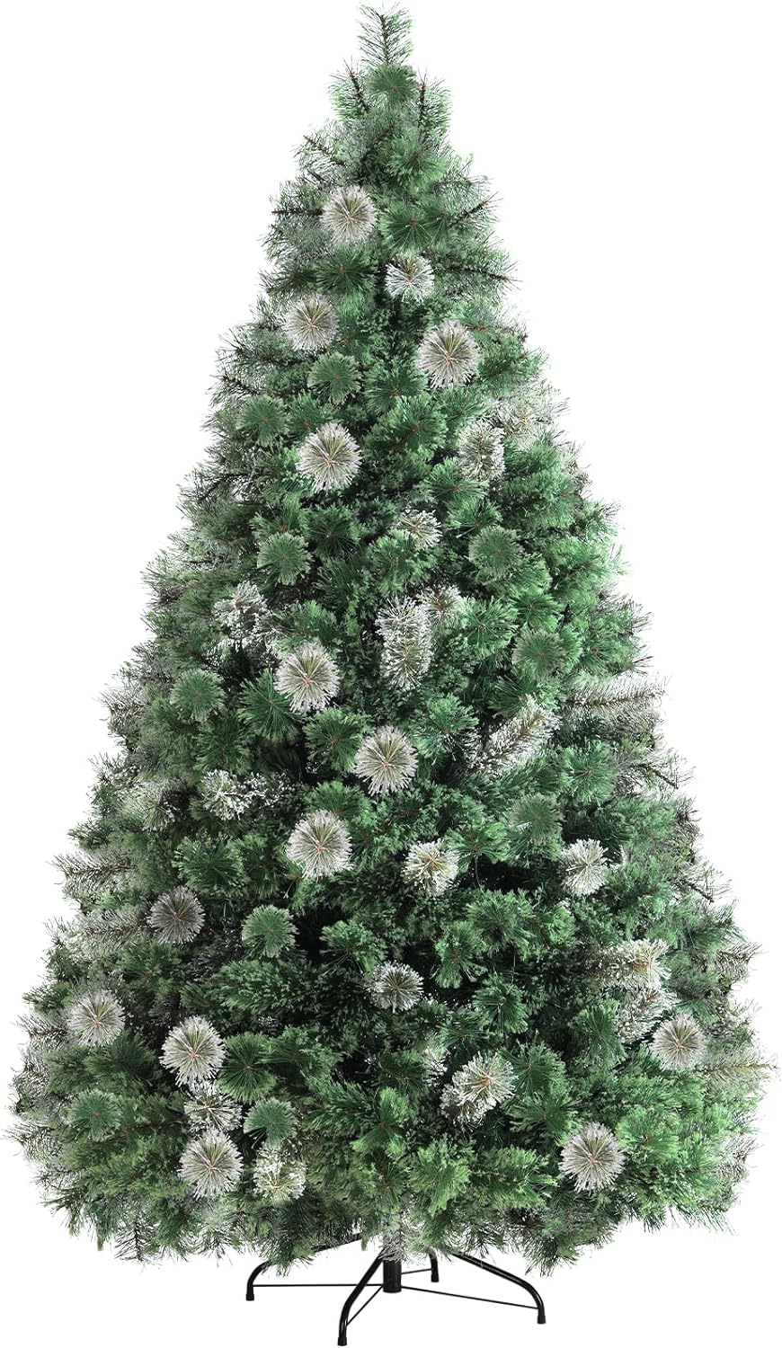 Arlopu 9ft Pre-lit Artificial Christmas Tree, Snow Dusted Prelighted Cashmere Pine Needle Xmas Tree, with 500 Warm White Lights, 1300 Tips, Metal Hinges & Base