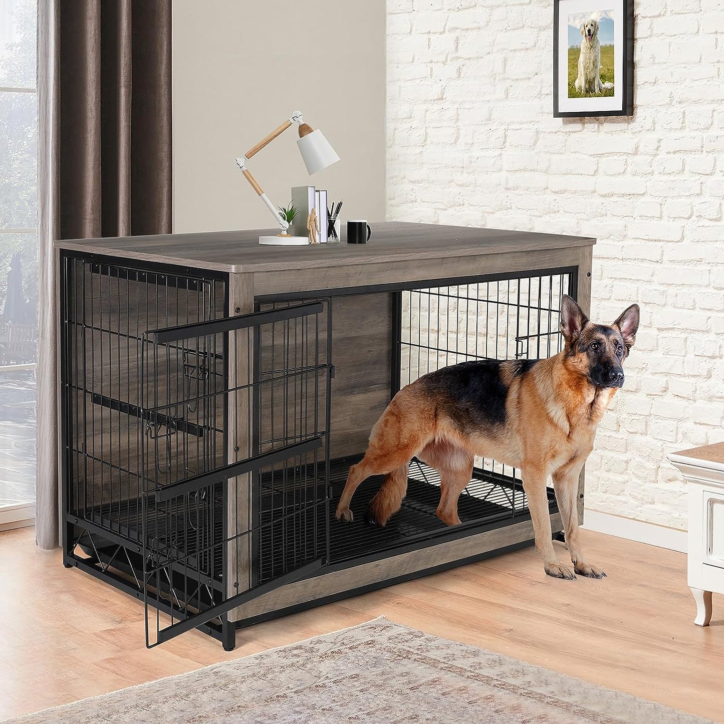 Arlopu 44.1’’ Dog Crate Furniture, Wooden Side End Table, Modern Dog Kennel with Double Doors, Heavy-Duty Dog Cage with Pull-Out Removable Tray, Indoor Medium/Large/Small Pet House Furniture