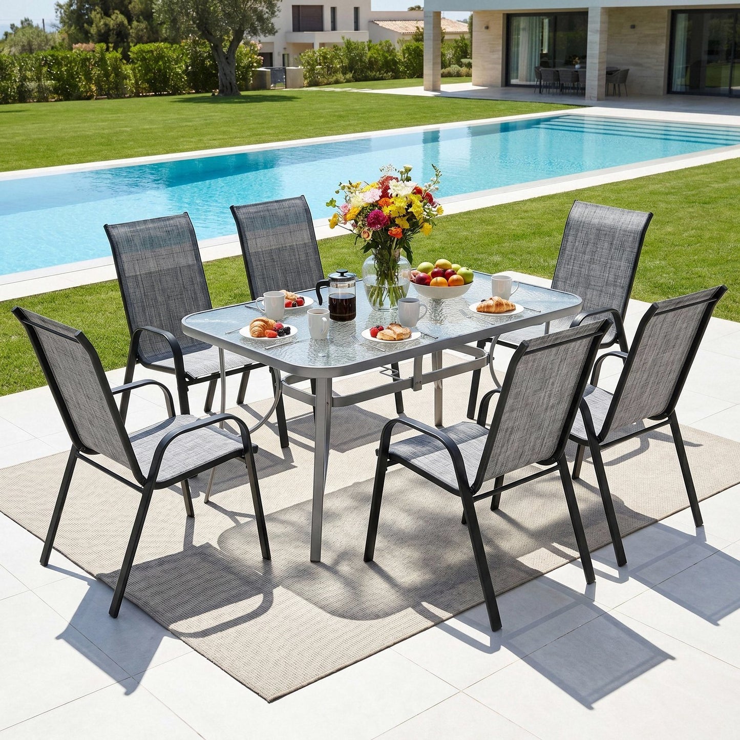Arlopu Outdoor Patio Dining Set of 7, Rectangular Dining Table with Umbrella Hole and 6 Stackable Chairs for Lawn, Deck, Poolside, Backyard