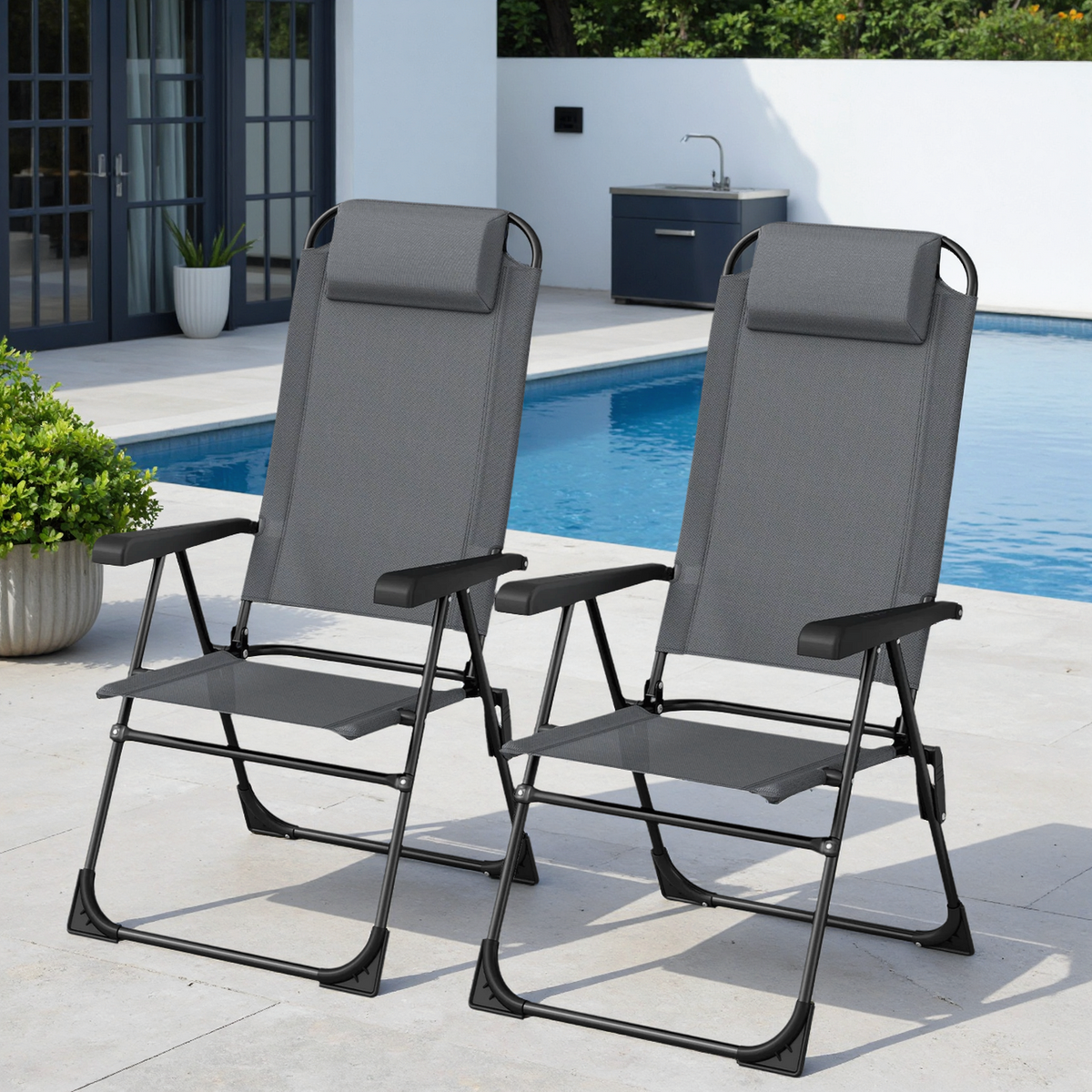 Arlopu Folding Patio Chair Set of 2, Outdoor Textilene Chair w/ 5 Level Adjustable Back for Garden Pool, 300Lbs