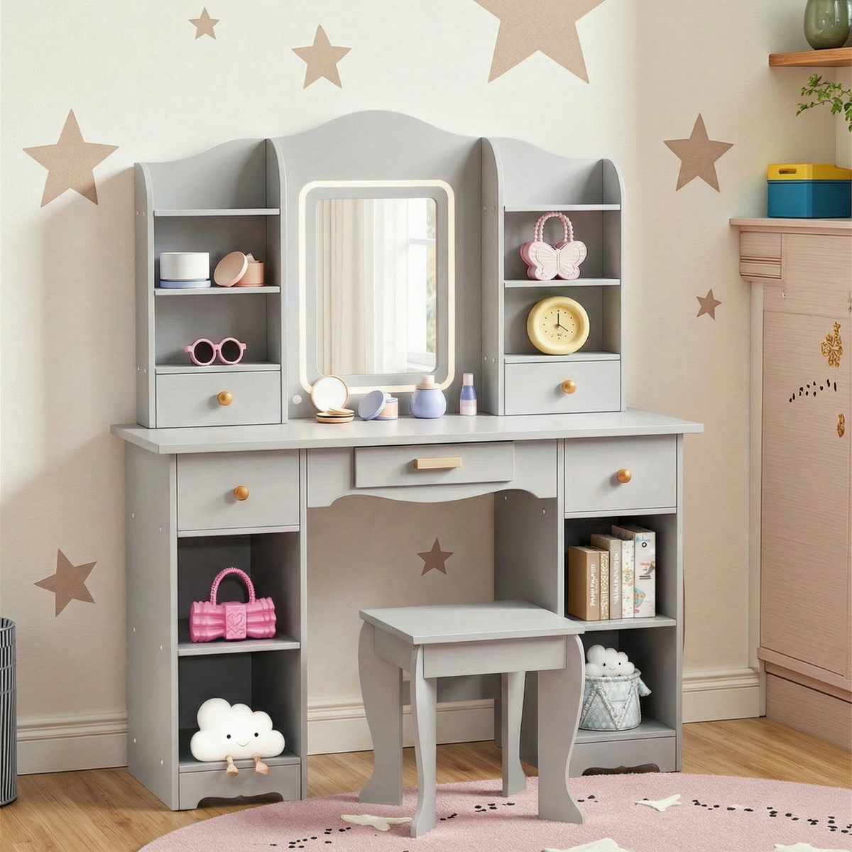 Arlopu Kids Vanity Set w/ 3-Color Light, Princess Makeup Dressing Table & Stool Set, 2 in 1 Girls Pretend Play Makeup Dressing Table w/ Open Shelves, Storage Cabinet, Drawer
