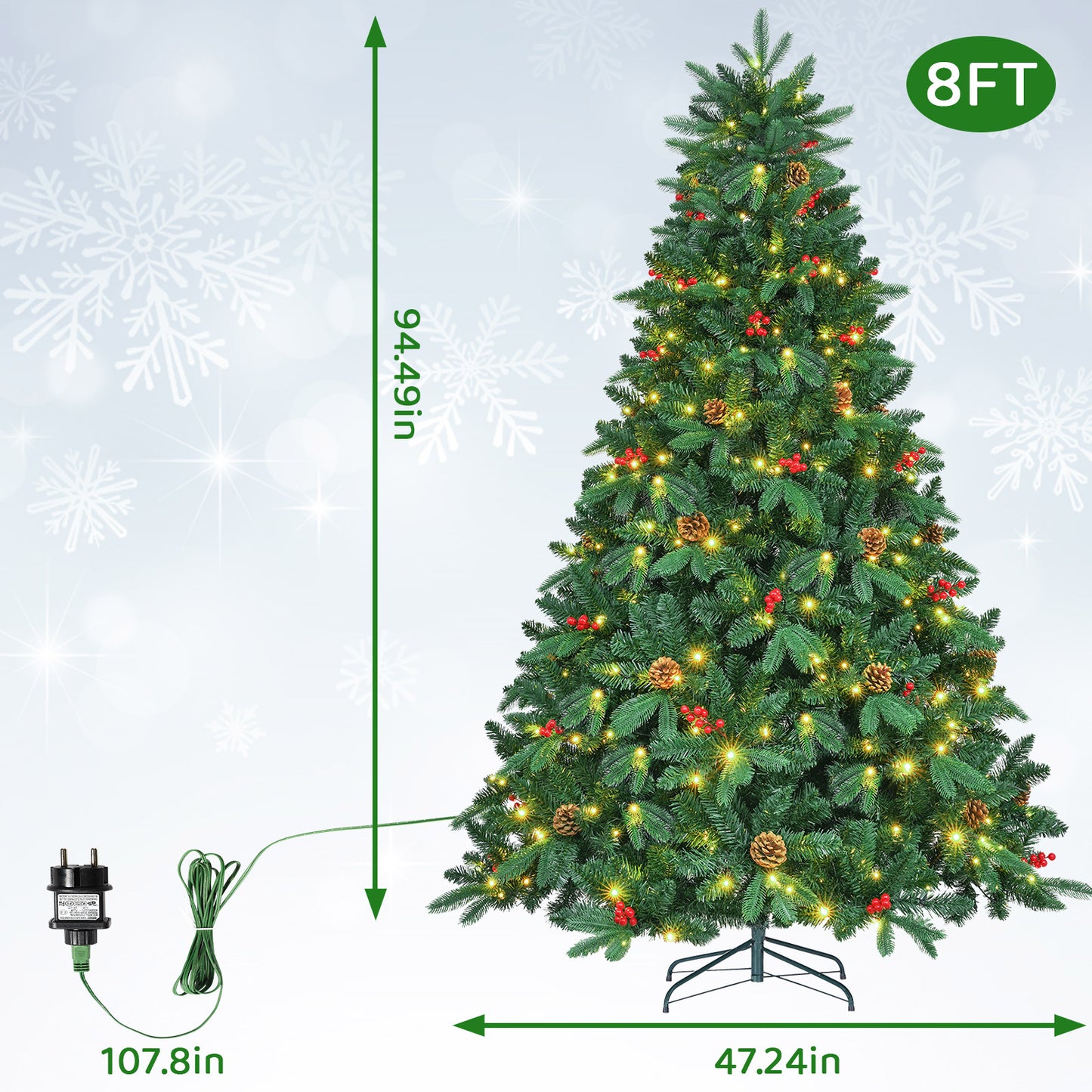 Arlopu 8/9ft Pre-lit Artificial Christmas Tree with Warm White Light, Hinged Xmas Tree with Pine Cones & Red Berries