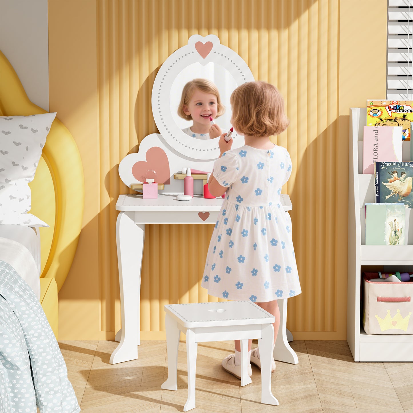 Arlopu 2-in-1 Kids Vanity Table and Chair Set with Mirror, Toddler Vanity Table Set with 8pcs Pretend Play Accessories, Convertible Makeup Desk Toy for Little Girls 3+