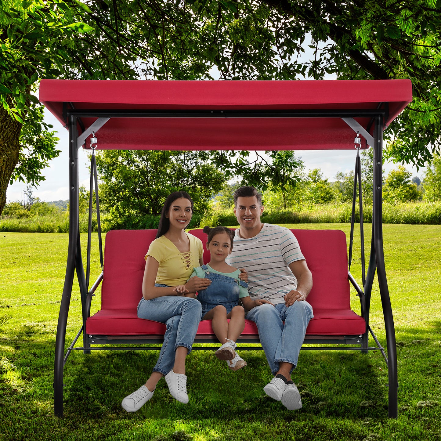 Arlopu Outdoor 3-Seat Patio Swing, Porch Swings, Backrest Bench Swing Sets, Glider Swing Bed Chair