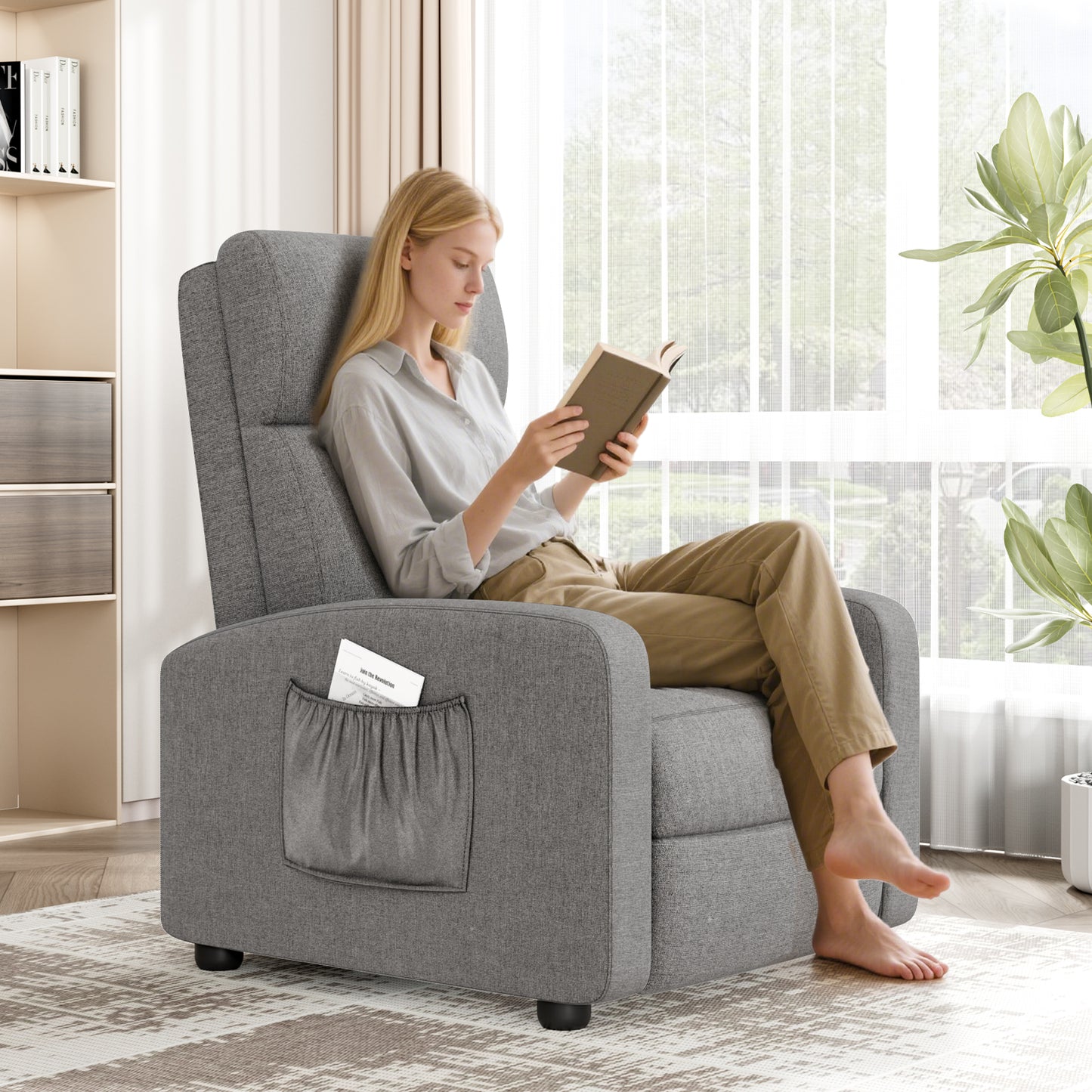 Arlopu Fabric Recliner Chair, Single Reclining Chair Home Theater Seating with Side Pocket, Adjustable Backrest and Footrest, Ergonomic Lounge Chair for Living Room