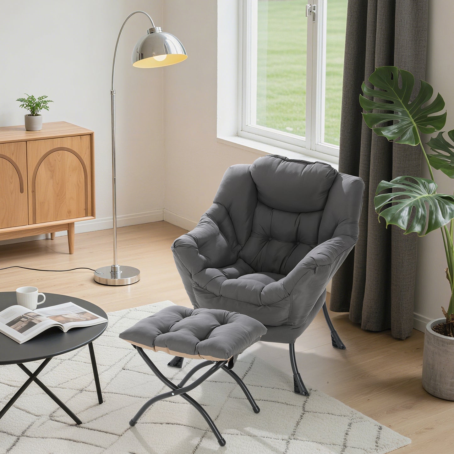 Arlopu Lazy Chair with Ottoman, Comfy Lounge Chair, Oversized Reading Armchair with Folding Footrest & Side Pocket for Living Room, Bedroom, Office