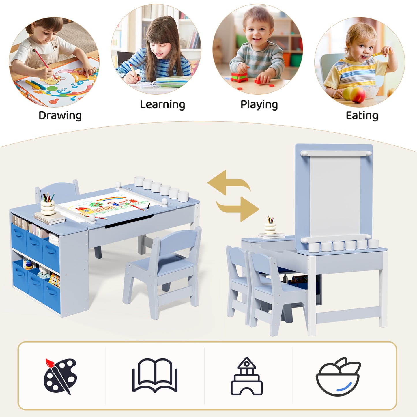 Arlopu 3 in 1 Activity Craft Table Set Kids Wooden Drawing Table Set with Art Easel Adjustable Tilt, 6 Storage Bins, 6 Paint Cup