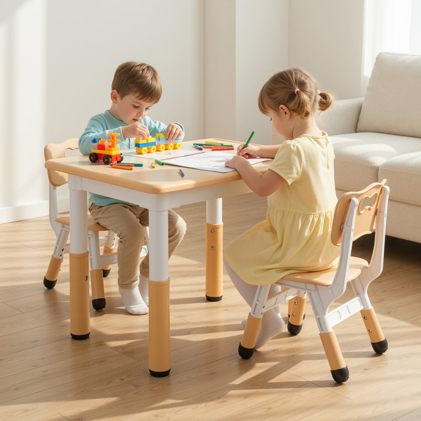 Arlopu Kids Table and 2 Chairs Set, Height-Adjustable Toddler Table and Chairs Set with Graffiti Desktop, 31.5"L x 23.6"W Children Activity Table for Daycare/Classroom/Home