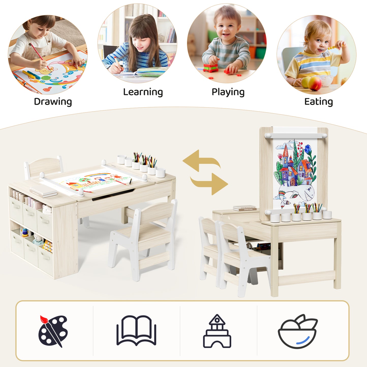 Arlopu 3 in 1 Activity Craft Table Set Kids Wooden Drawing Table Set with Art Easel Adjustable Tilt, 6 Storage Bins, 6 Paint Cup
