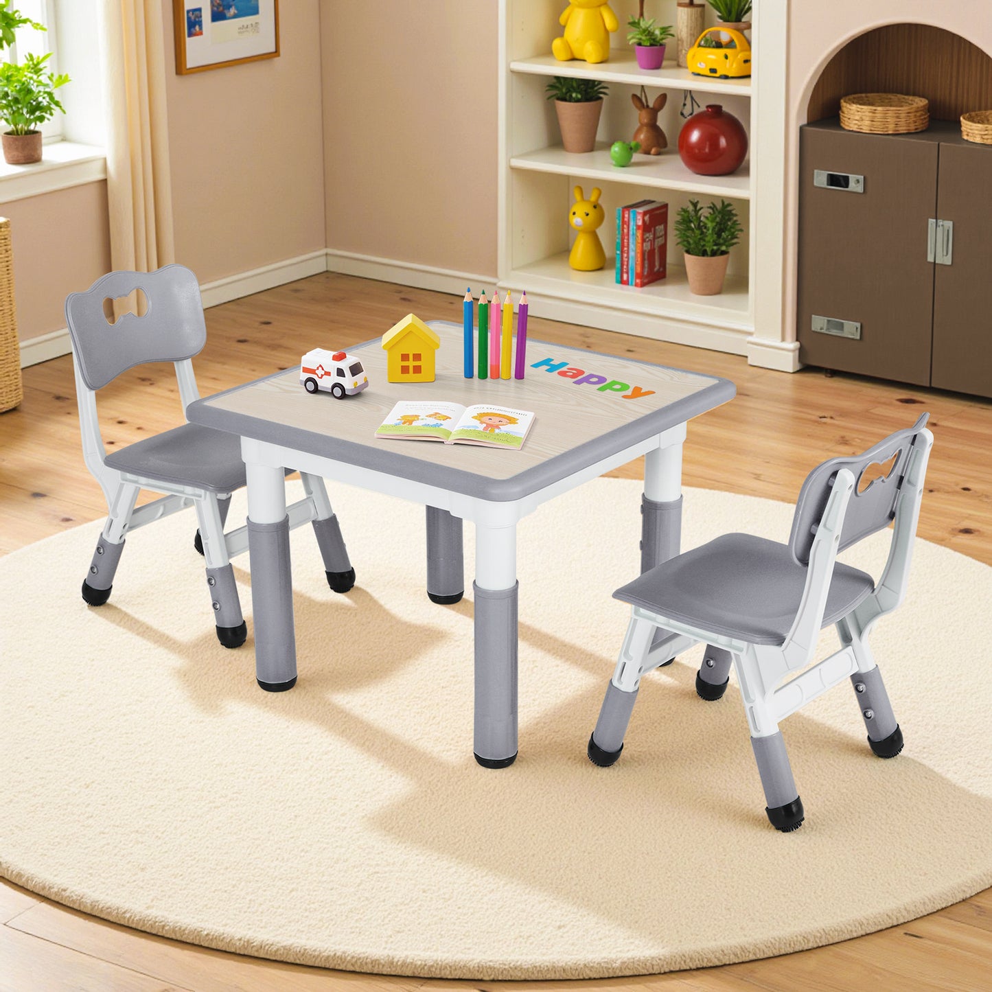 Arlopu Kids Table and 2 Chairs Set, Height-Adjustable Toddler Table and Chairs Set with Graffiti Desktop, Toddler Activity Table for Daycare/ Classroom/Home