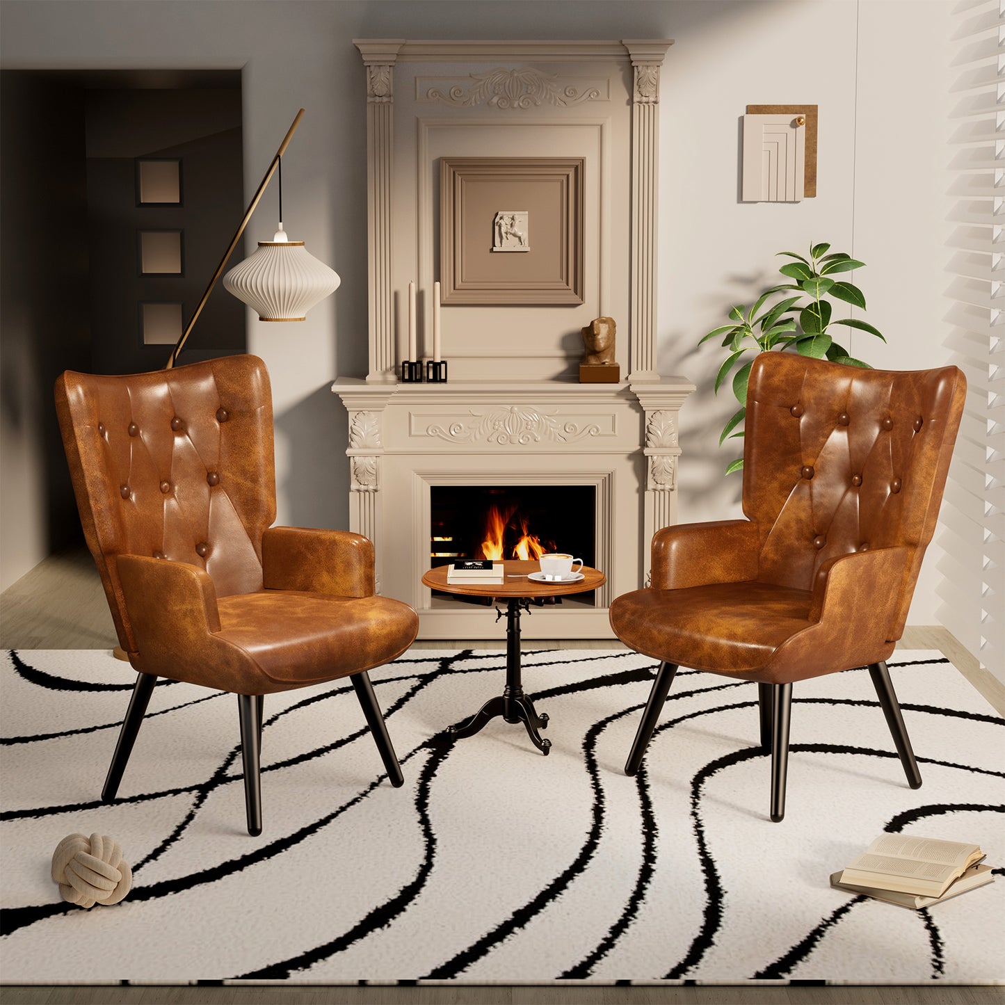 Arlopu 2pcs Accent Chairs, PU Leather Comfy Upholstered Armchair, High Backrest Living Room Chair, Wingback Chair Mid Century Modern for Living Room/Vanity/Bedroom, Brown