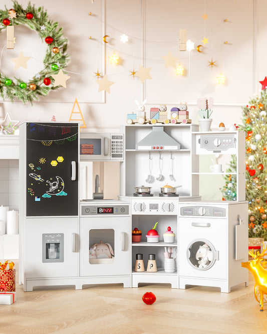 Arlopu Kids Corner Play Kitchen, Ultimate Interactive Wooden Kitchen Playset with Lights & Sounds, Cooking Toy Set with Stove, Range Hood, Sink, Faucet, Ice Maker & Washing Machine