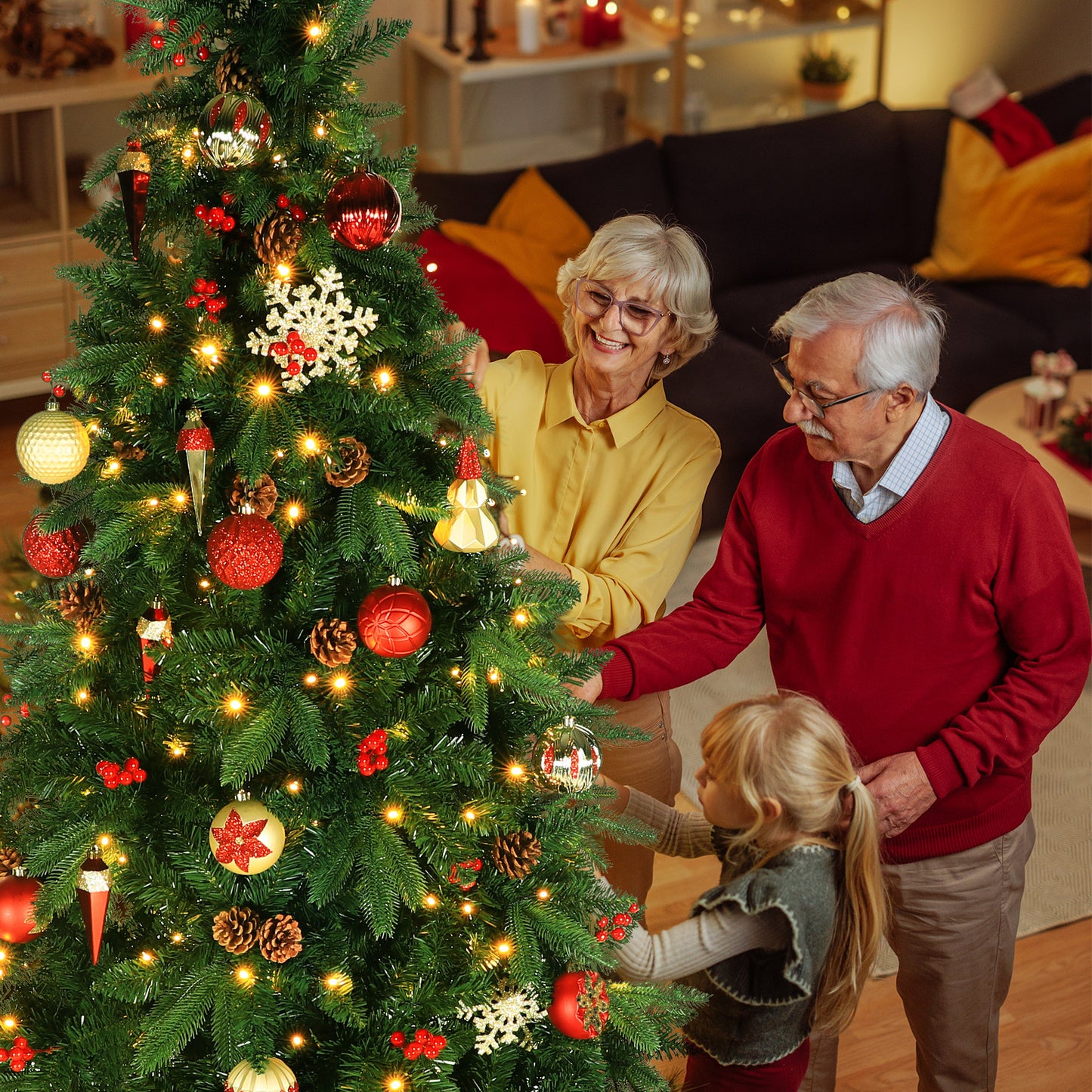 Arlopu 8/9ft Pre-lit Artificial Christmas Tree with Warm White Light, Hinged Xmas Tree with Pine Cones & Red Berries