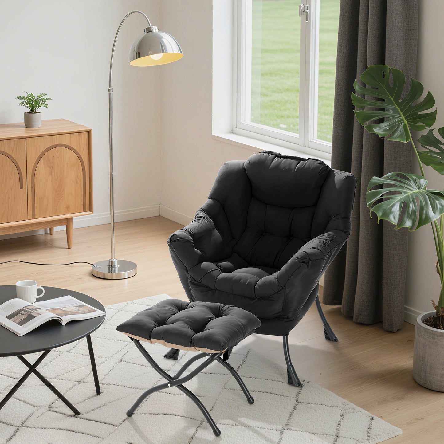 Arlopu Lazy Chair with Ottoman, Comfy Lounge Chair, Oversized Reading Armchair with Folding Footrest & Side Pocket for Living Room, Bedroom, Office