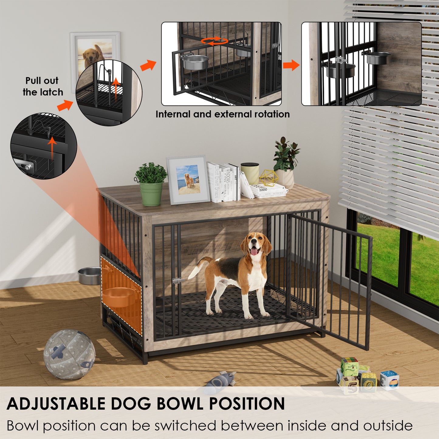 Arlopu Furniture Style Dog Crate with 2 Stainless Steel Bowls Wooden End Table Dog Cage Indoor Dog Kennel with Pull-Out Tray for Small Medium Dogs Under 70 lbs