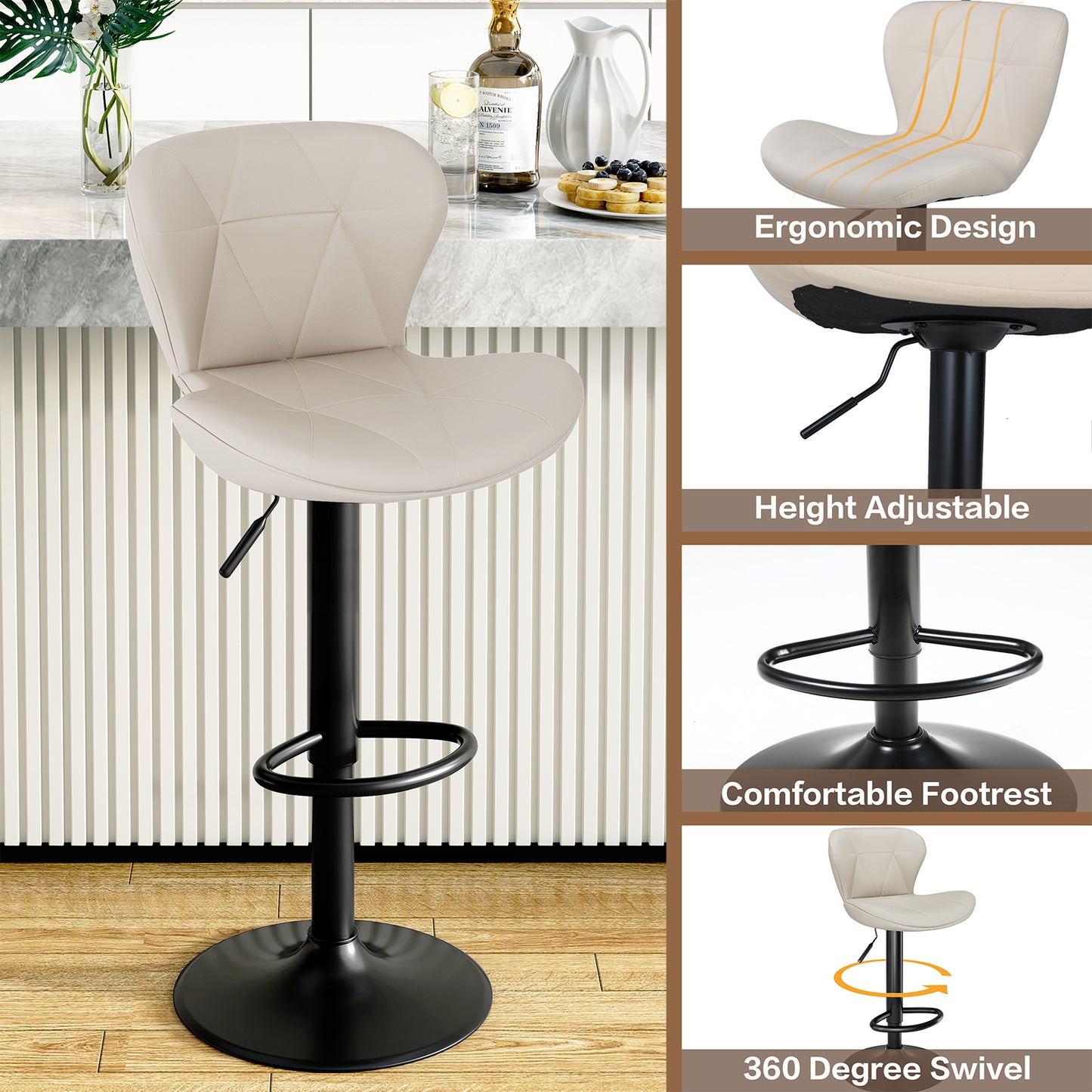 Arlopu Bar Stools Set of 4, Adjustable Swivel PU Leather Counter Seats, Counter Height Barstools with Back & Footrest for for Bar/ Kitchen/Dining Room