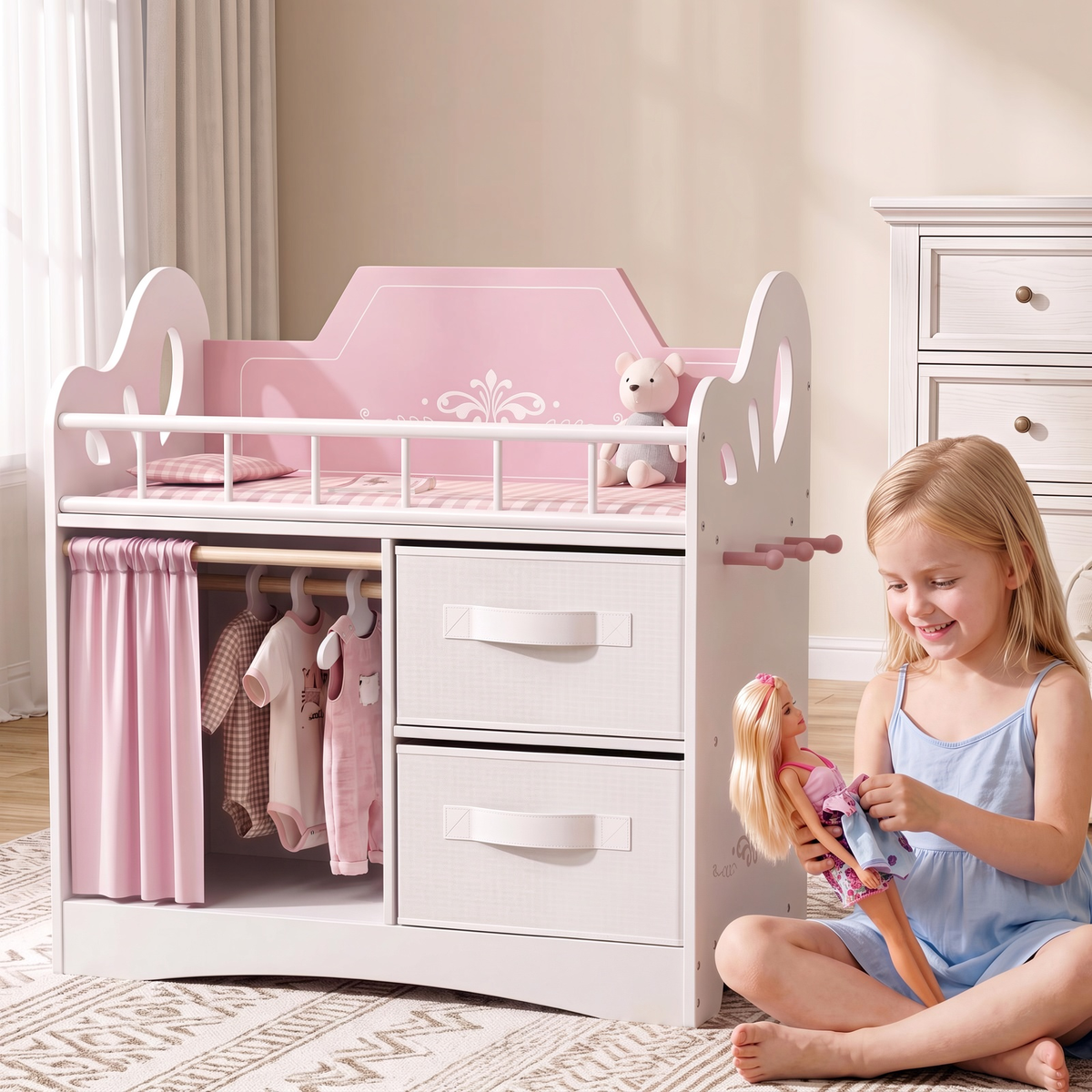 Arlopu Baby Doll Bed, 3-in-1 Wooden Dolls Crib Set with Accessories, Wardrobe