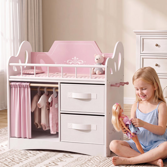 Arlopu Baby Doll Bed, 3-in-1 Wooden Dolls Crib Set with Accessories, Wardrobe
