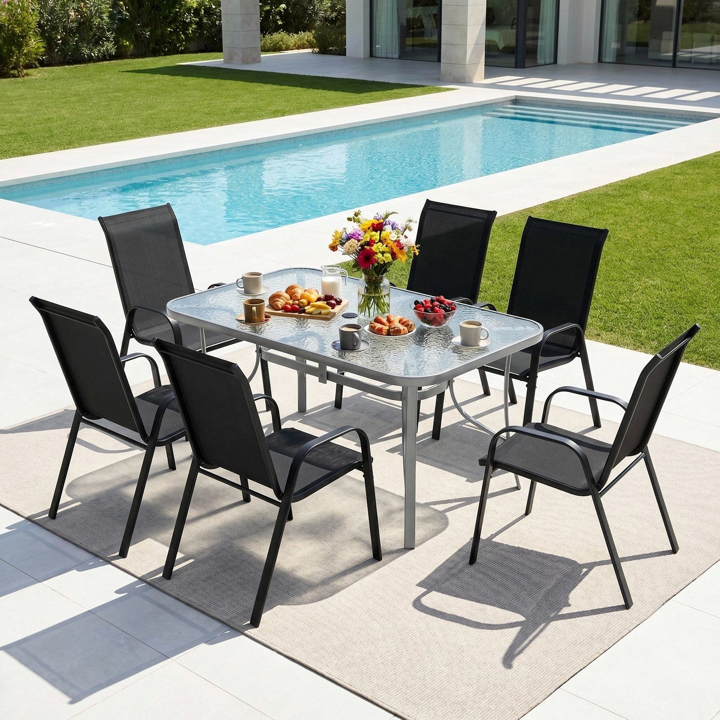 Arlopu Outdoor Patio Dining Set of 7, Rectangular Dining Table with Umbrella Hole and 6 Stackable Chairs for Lawn, Deck, Poolside, Backyard