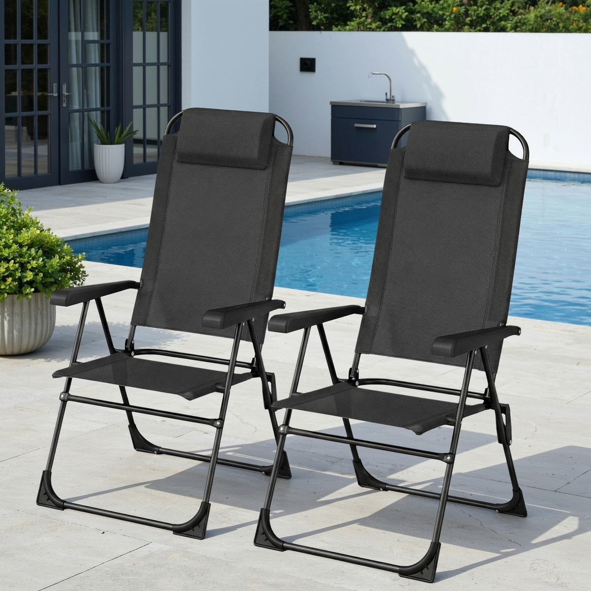 Arlopu Folding Patio Chair Set of 2, Outdoor Textilene Chair w/ 5 Level Adjustable Back for Garden Pool, 300Lbs