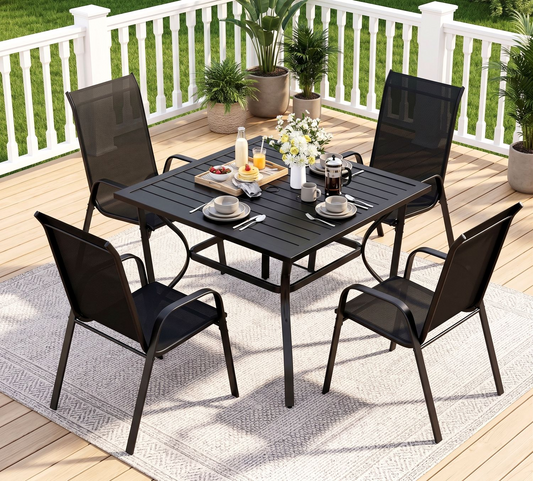 Arlopu 5pcs Patio Dining Set, Outdoor Square Metal Table and 4 Stackable Textilene Chairs, Patio Furniture Set w/ Adjustable Umbrella Hole & Foot Pads for All Weather