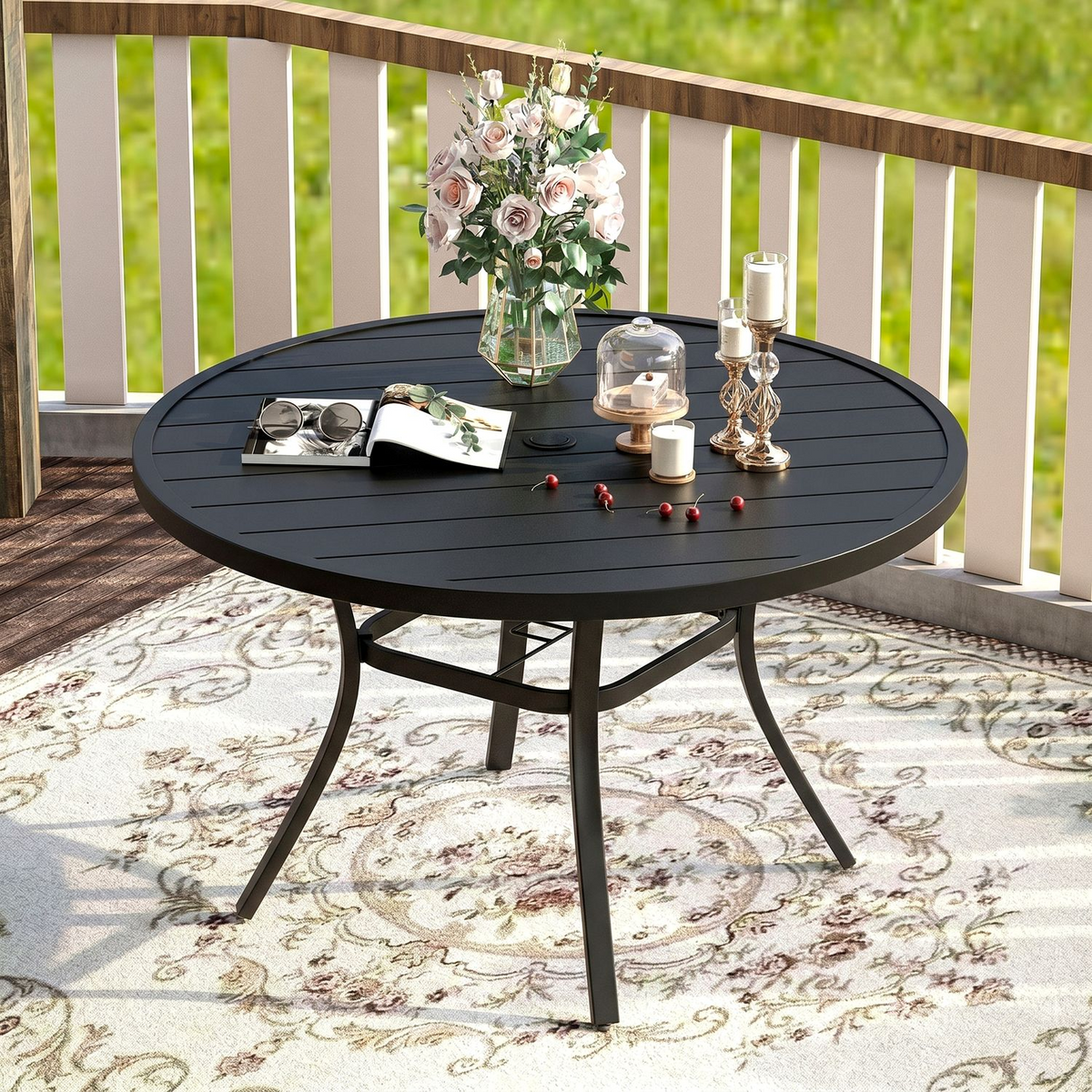 Arlopu 47.2" Outdoor Patio Round Dining Table, Patio Table with Umbrella Hole & Metal Steel Frame for Backyard Lawn Deck, Black