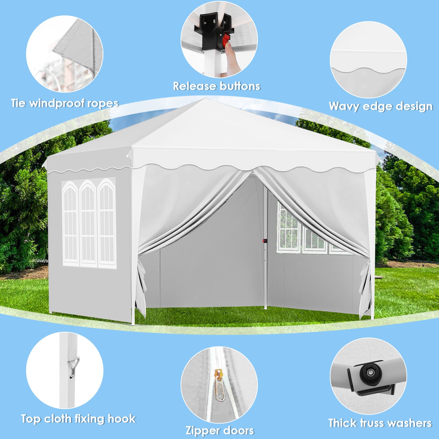 Arlopu 10x10 Pop Up Commercial Canopy Tent, Fully Waterproof Instant Gazebo Tent with 4 Removable Sidewall, Heavy Duty Outdoor Party Events Camping Beach Canopies, Upgraded Removable Wheel Bag, White