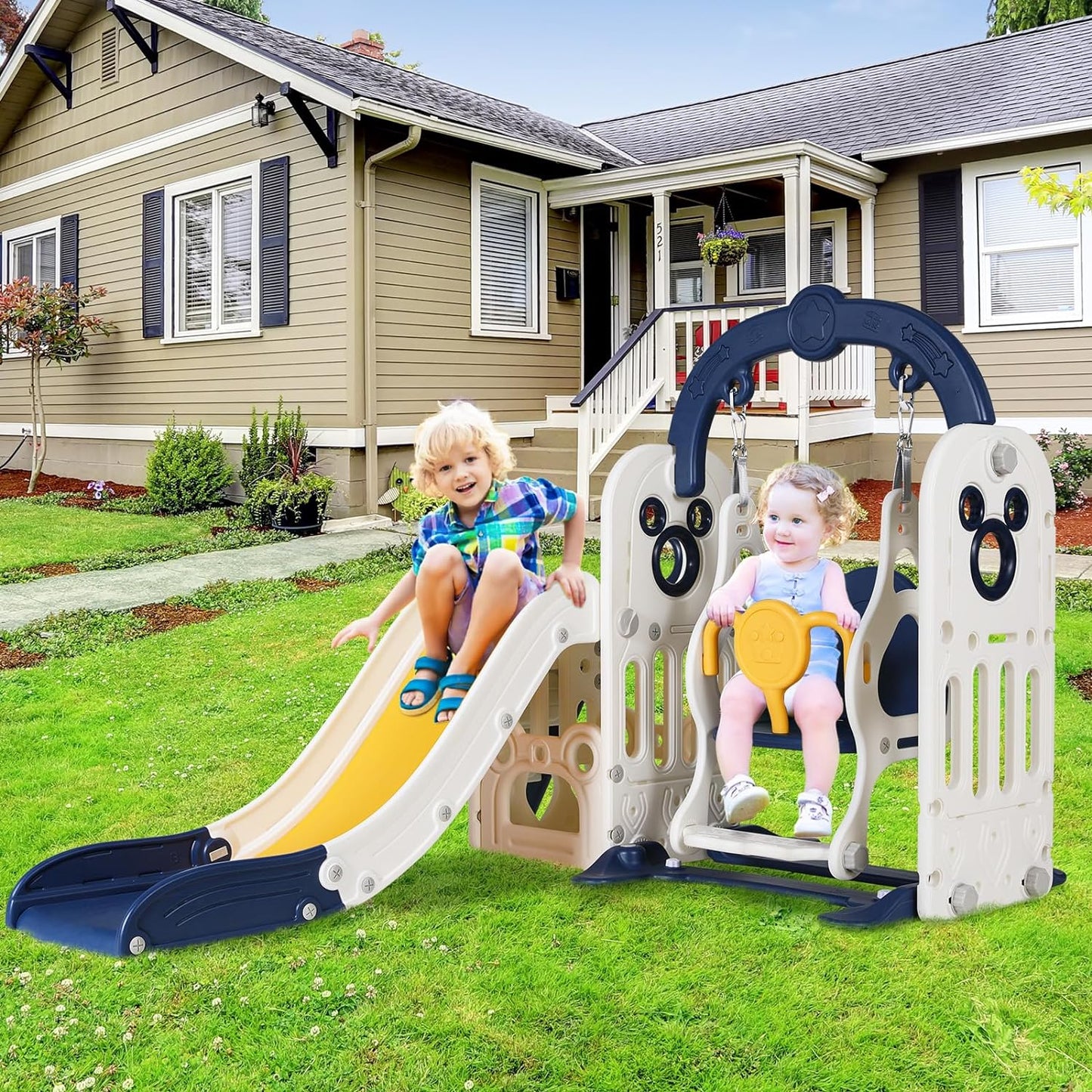 Arlopu Kids Slide and Swing Set, Large Toddler Slide Climber Playset with Ball & Hoop, Storage Space, Anti-Slip Steps, Indoor Outdoor Playground