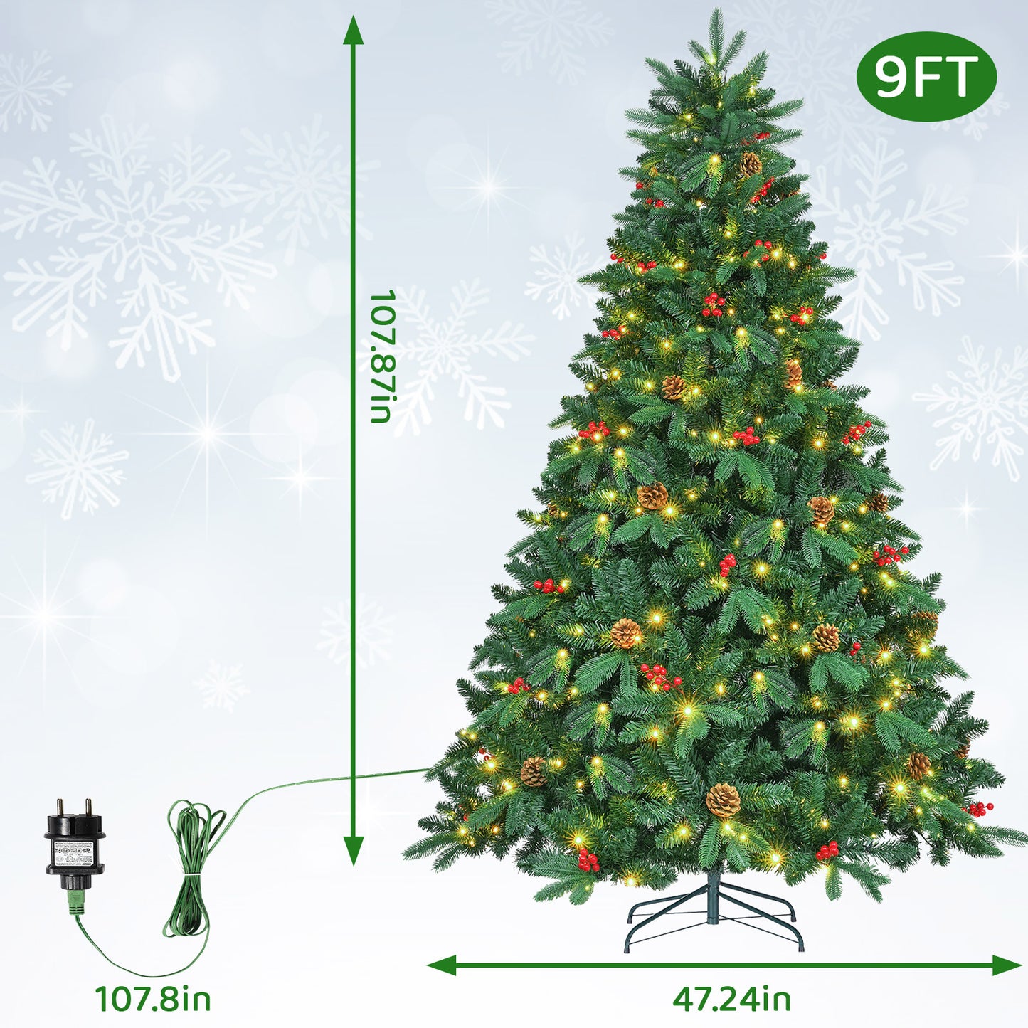 Arlopu 8/9ft Pre-lit Artificial Christmas Tree with Warm White Light, Hinged Xmas Tree with Pine Cones & Red Berries