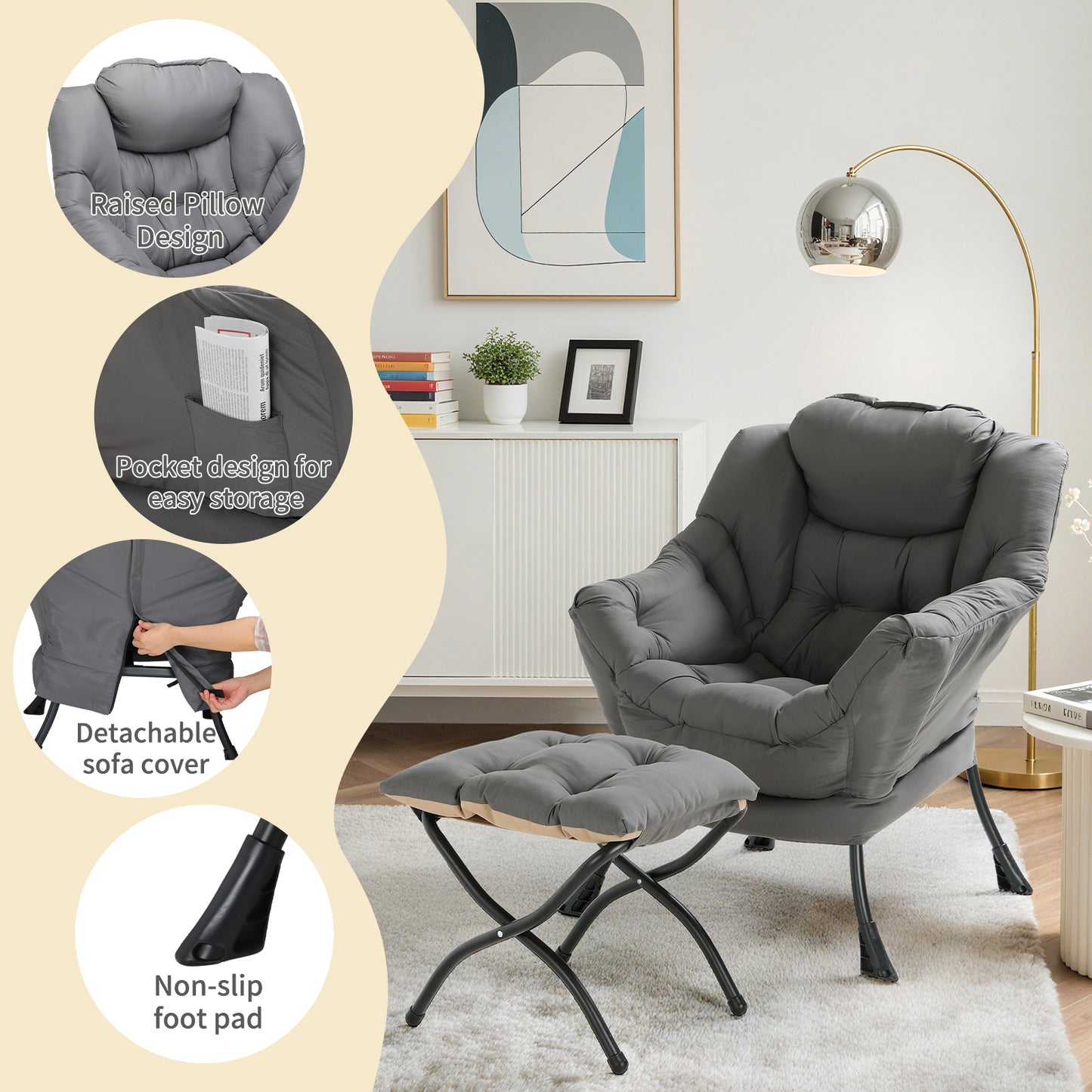 Arlopu Lazy Chair with Ottoman, Comfy Lounge Chair, Oversized Reading Armchair with Folding Footrest & Side Pocket for Living Room, Bedroom, Office