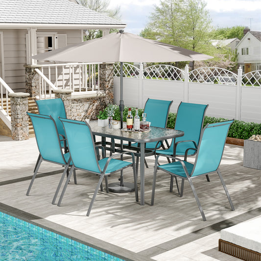 Arlopu Outdoor Furniture Table and 6 Textilene Chairs with Umbrella Hole, Tempered Glass Top, Patio Dining Set for 7 for Garden