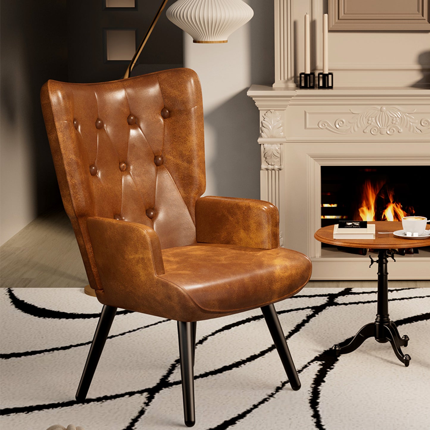 Arlopu 2pcs Accent Chairs, PU Leather Comfy Upholstered Armchair, High Backrest Living Room Chair, Wingback Chair Mid Century Modern for Living Room/Vanity/Bedroom, Brown