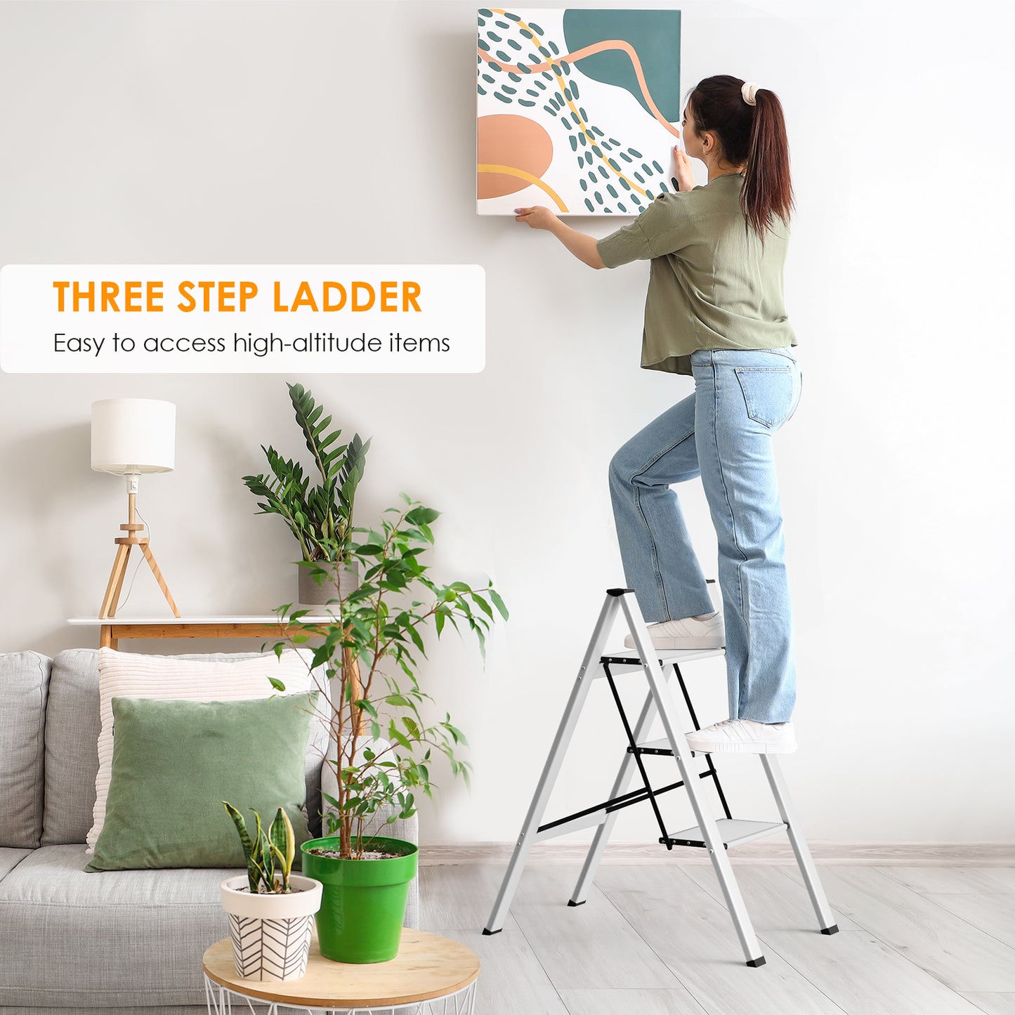 Arlopu 3 Step Ladder, Folding Step Stool with Wide Anti-Slip Pedals, Aluminum Portable Lightweight Ladder for Home, Kitchen, Office, Sturdy Temporary Storage Shelf Rack, Max Capacity 330lbs, Silver