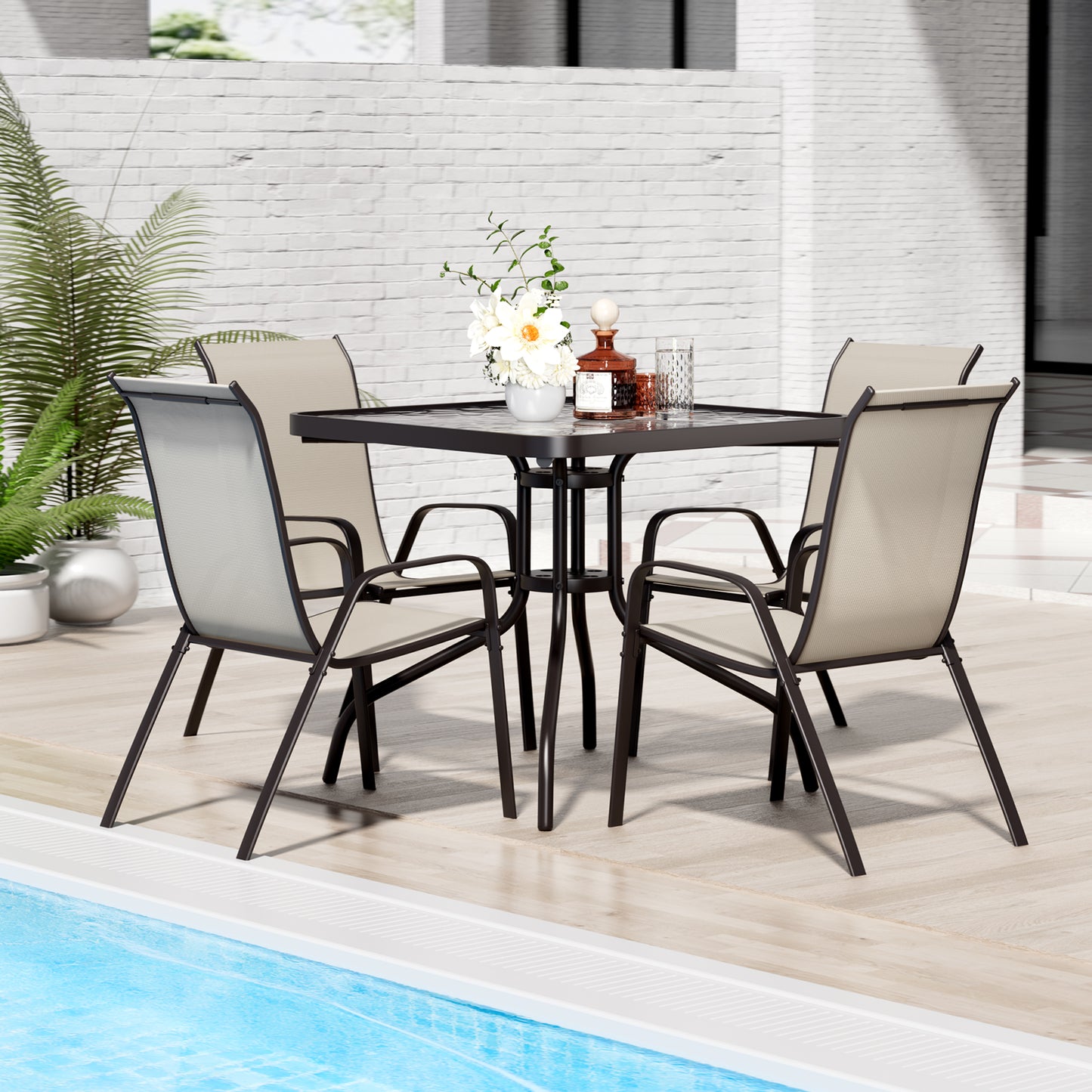 Arlopu 5 Piece Patio Dining Set with Square Table & 4 Textilene Chairs for Patio, Lawn, Garden, Poolside, Backyard