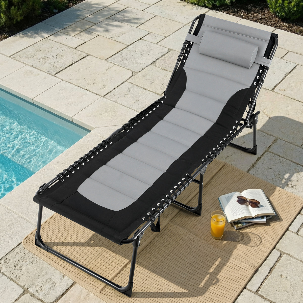 Arlopu Padded Folding Chaise Lounge Chair, Heavy Duty Reclining Chair with Pillow & Side Pocket for Patio Beach Pool, 5-Position Adjustable, Gray