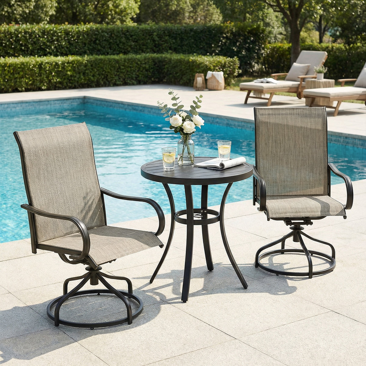 Arlopu 3pcs Patio Dining Set with Round Metal Table and 2 Patio 360° Swivel Chairs, Outdoor Dining Furniture Set w/1.57"-1.8" Adjustable Umbrella Hole & Foot Pads for Graden Backyard Poolside
