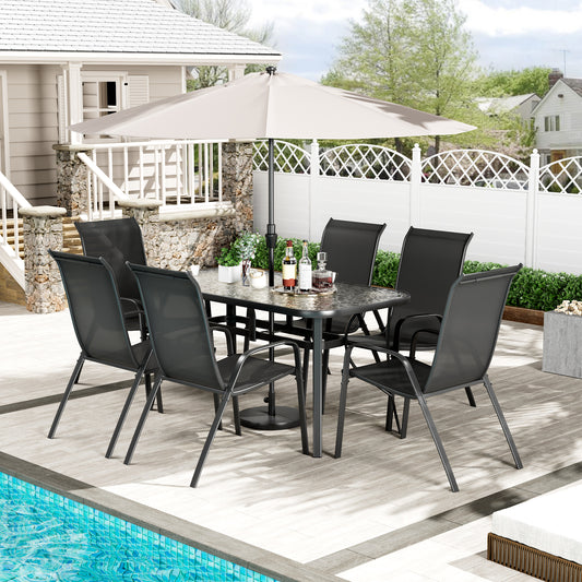 Arlopu Patio Dining Set for 7 Outdoor Furniture Table and 6 Textilene Chairs with Umbrella Hole, Tempered Glass Top