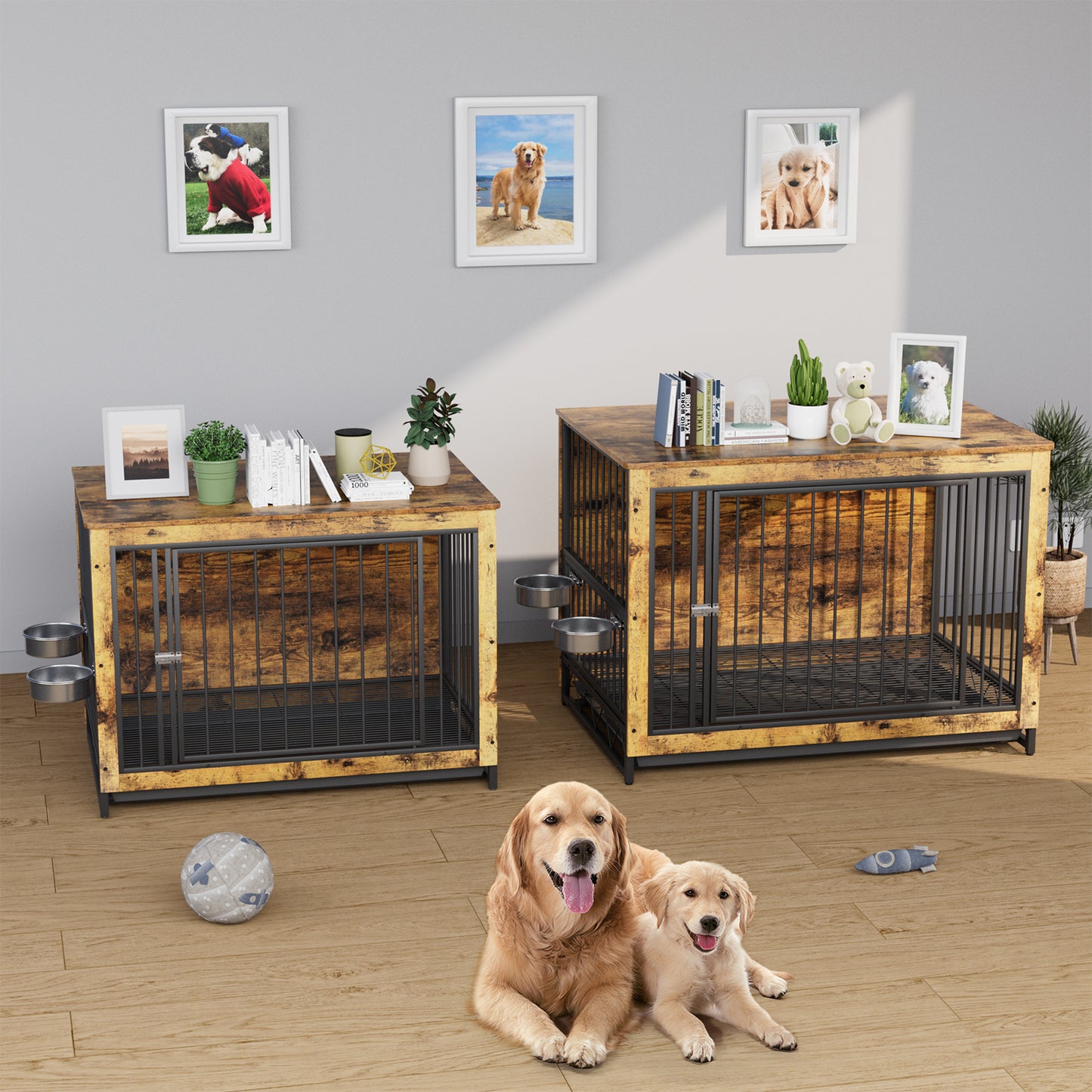 Arlopu Dog Crate Furniture, Modern Wooden End Table Indoor Kennel for Dogs up to 70 lbs, Heavy Duty Dog Cage House with Removable Tray, 2 Stainless Steel Bowls