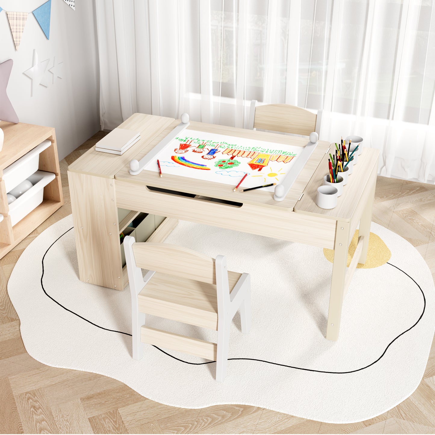 Arlopu 3 in 1 Activity Craft Table Set Kids Wooden Drawing Table Set with Art Easel Adjustable Tilt, 6 Storage Bins, 6 Paint Cup